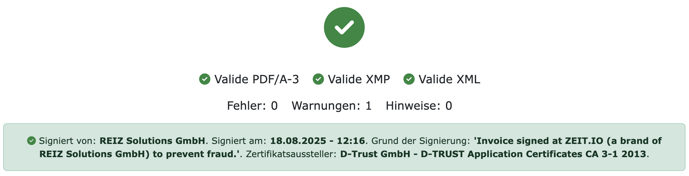 Digitale Signatur einer E-Rechnung konnte positiv validiert werden.