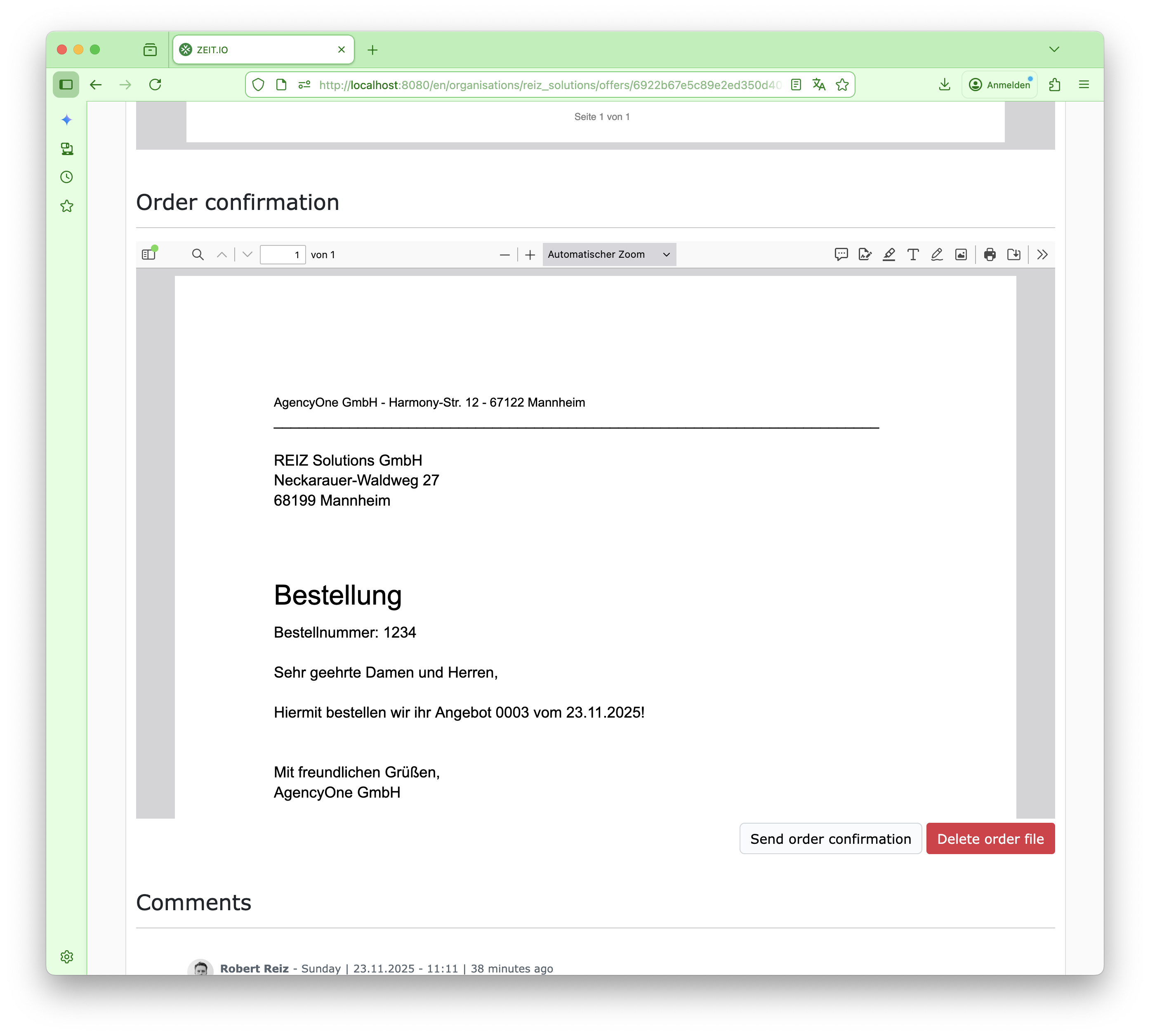 Uploaded order confirmation